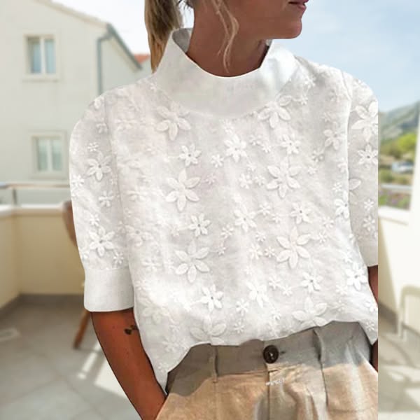 Cécile™ – Elegant Broderad Sommarblus med Stilren Ståkrage